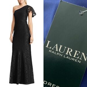 Lauren Ralph Lauren One-shoulder Lace Gown Blk